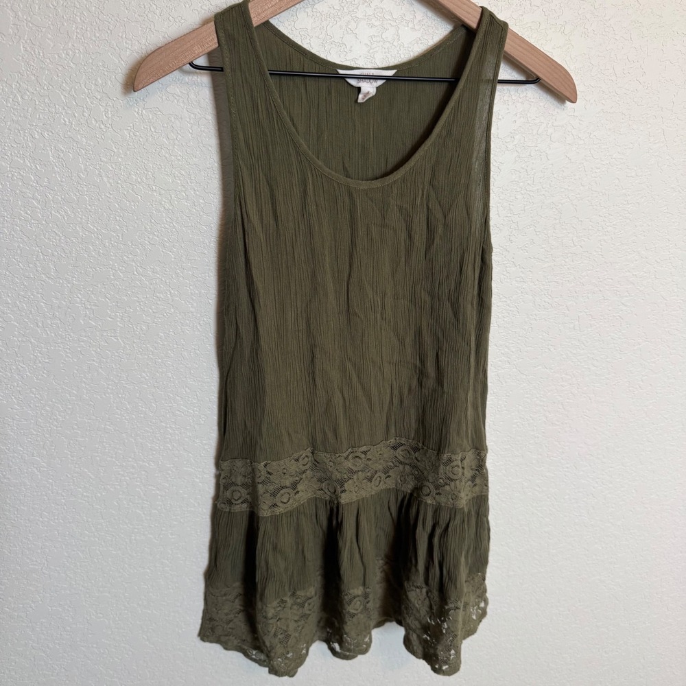 Cottagecore Boho Fairycore Sun & Shadow Lace Trim Tank Top Small Olive Green
